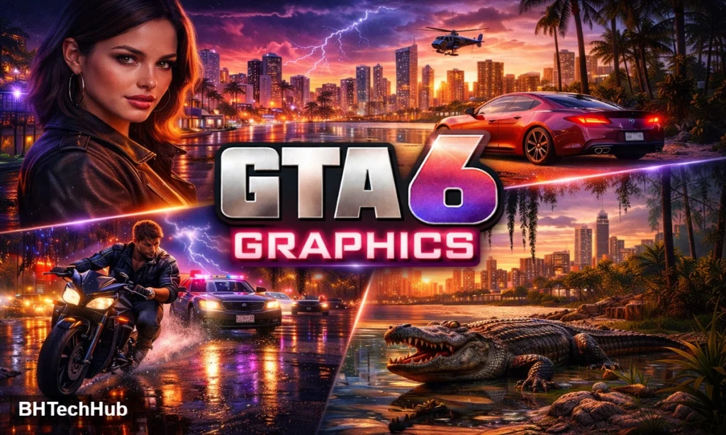 GTA 6 graphics showcase featuring a neon-lit Vice City skyline, realistic characters, high-detail vehicles, dynamic lighting, and next-generation open-world environments powered by advanced rendering technology.