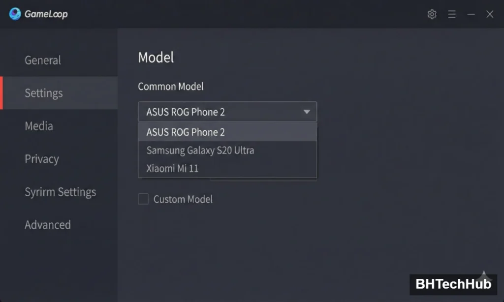 GameLoop Model settings menu showing ASUS ROG Phone 2 selection to unlock 120 FPS in PUBG MobileBest GameLoop Settings for PUBG Mobile