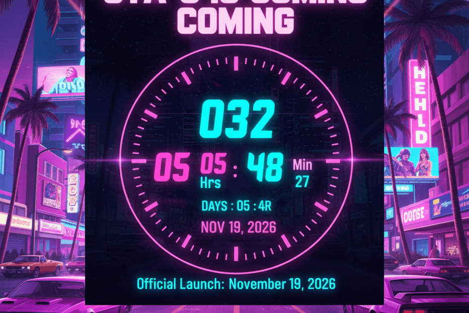 For any images used, use the description: "GTA 6 Release Date Live Countdown Tracker 2026