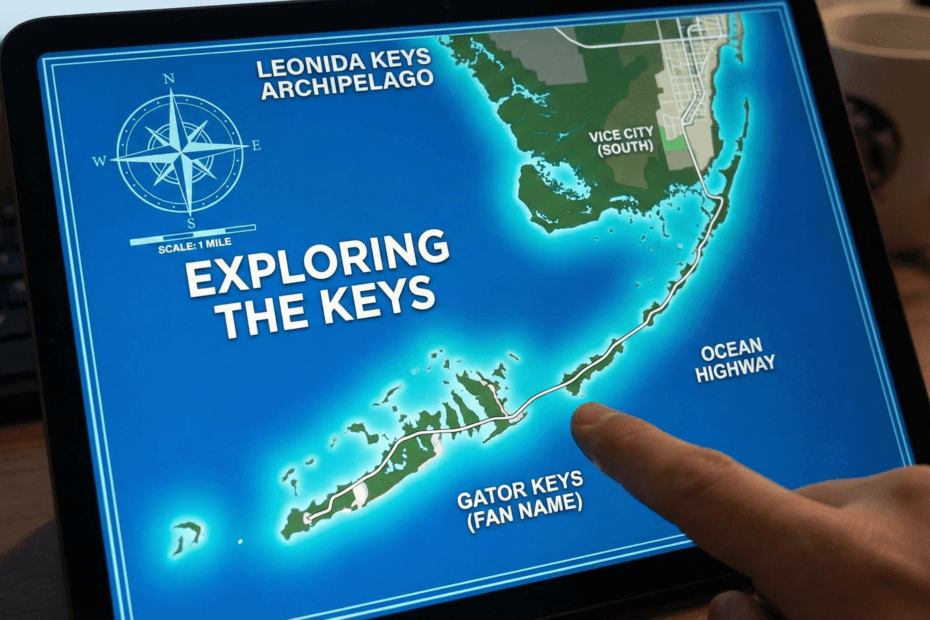 A close-up photograph of a person's finger pointing at a digital map on a tablet screen, which displays the "LEONIDA KEYS ARCHIPELAGO" and the title "EXPLORING THE KEYS."