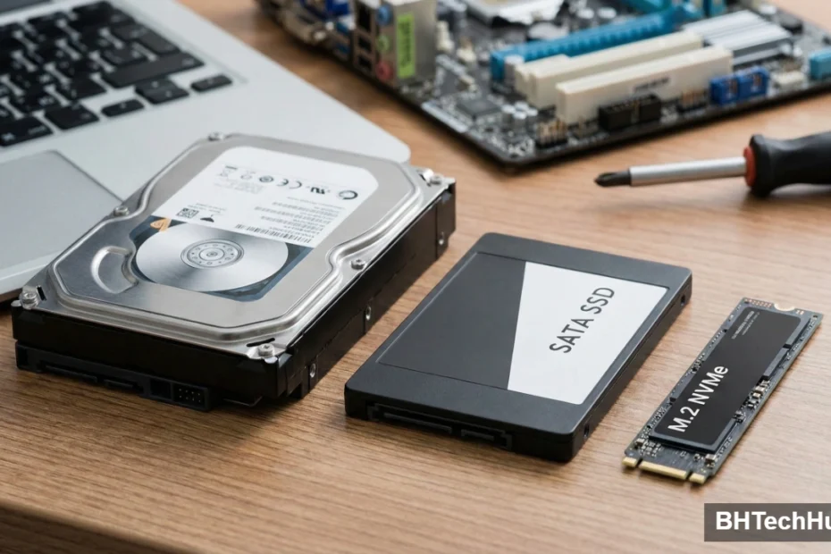 Side-by-side form factor comparison of a 3.5-inch mechanical HDD, a 2.5-inch SATA SSD, and a stick-sized NVMe M.2 drive on a computer technician's desk