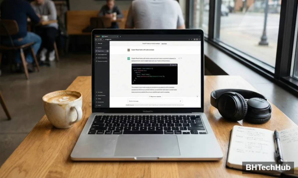 How to Use ChatGPT for Coding: The Ultimate Developer’s Guide 1 Laptop screen showing ChatGPT generating code snippets on a cafe table, next to headphones and a notebook for remote work.