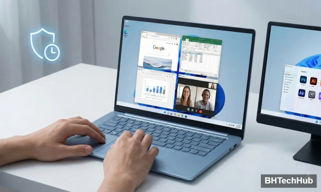 A user working on a Windows 11 laptop demonstrating the Snap Layouts feature with multiple windows open for productivity, accompanied by a glowing blue security shield icon representing enhanced protection.