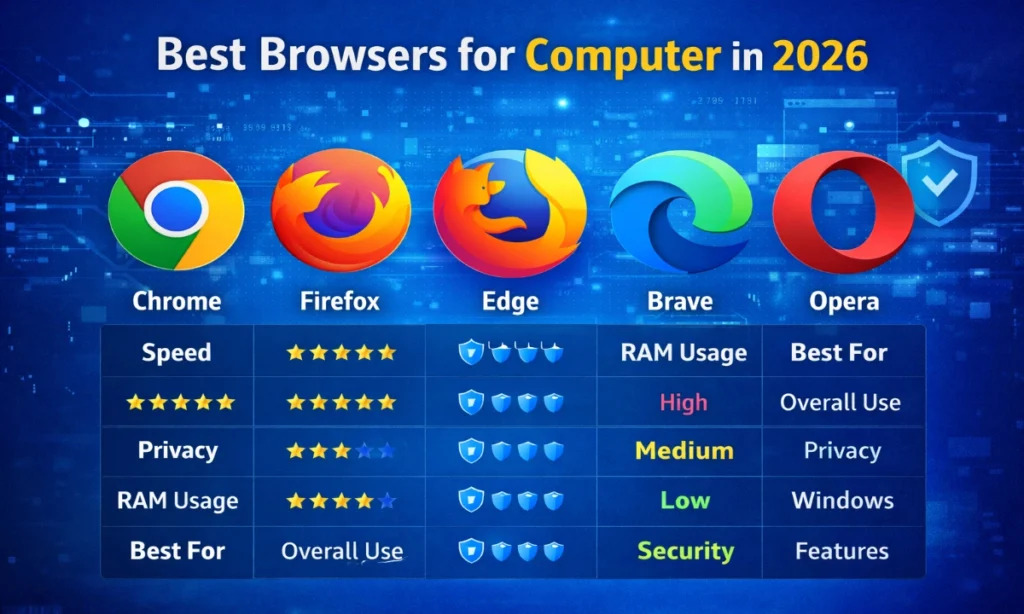 Comparison of best browsers for computer in 2026 highlighting speed, privacy, RAM usage, and security.