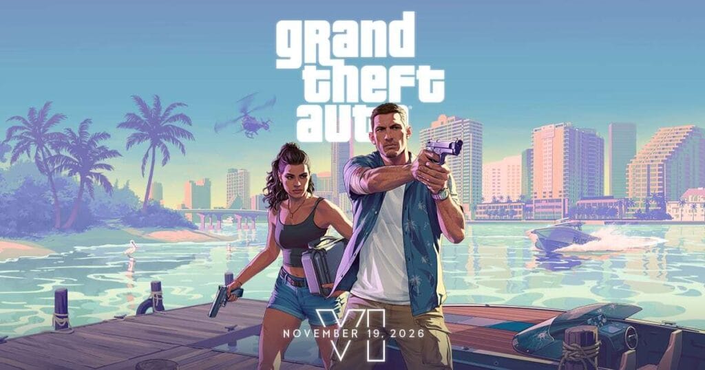 Live GTA 6 release date countdown tracker featuring Lucia and Jason in Vice City.