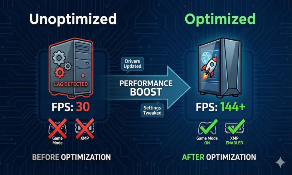 High-performance desktop setup displaying an FPS boost graph and enabled XMP settings to optimize PC for gaming.