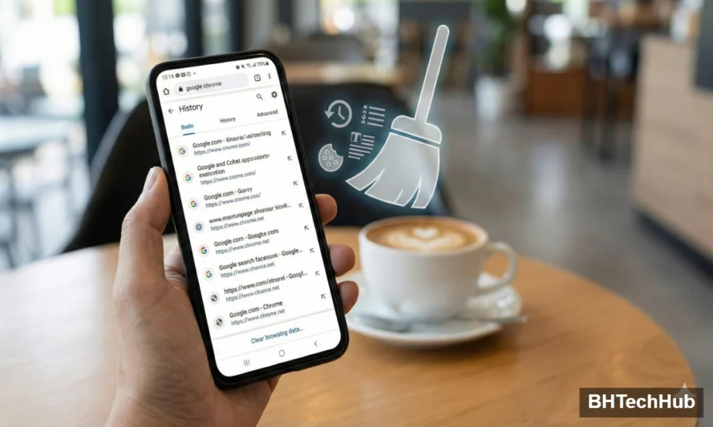 How to Clear Chrome History: The Ultimate Guide (Desktop & Mobile) 1 Hand holding a smartphone showing the Google Chrome mobile app history settings and the clear browsing data button. How to clear Chrome history on laptop and mobile