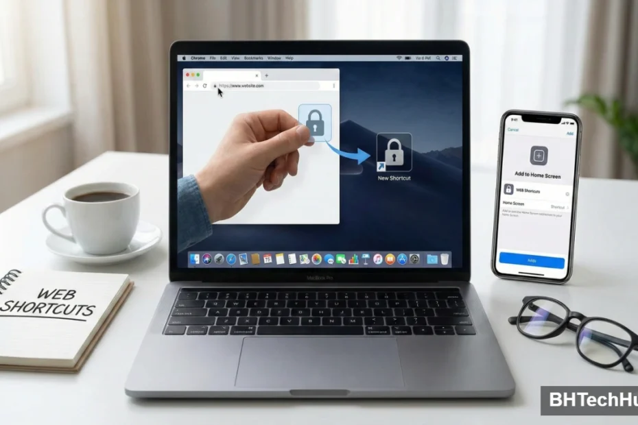 A laptop and smartphone on a desk demonstrating how to create website shortcuts. The laptop screen shows a hand dragging a padlock icon from a web browser address bar to the desktop. The smartphone displays the 'Add to Home Screen' menu option.