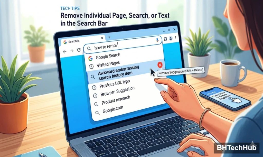 A digital illustration of a person using a laptop to delete a specific search query from their Firefox browser history drop-down menu.