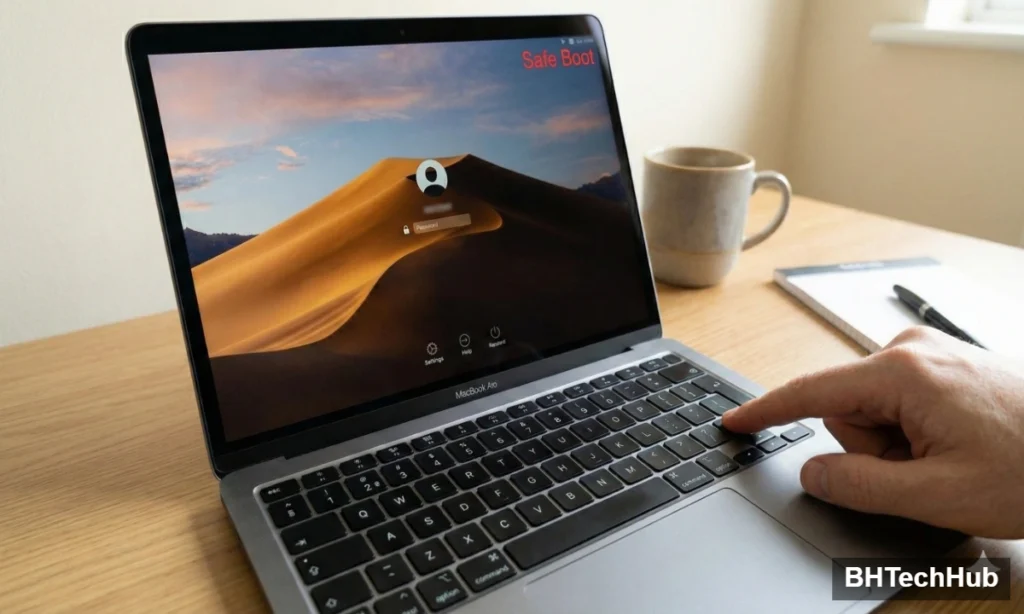 How to Open Safe Mode in Windows and Mac: A Complete Step-by-Step Guide 1 A user holding the Shift key on a MacBook keyboard to open Safe Mode on a Mac, displaying the Safe Boot login screen.
