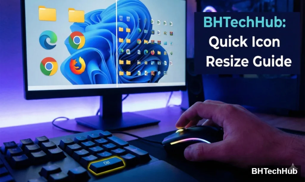 How to Quickly Increase and Decrease the Size of Desktop Icons 1 A MacBook screen showing the macOS 'View Options' settings menu with a cursor adjusting the icon size slider. A hand rests on the trackpad with the keyboard shortcut 'Cmd + J' highlighted. Text overlay reads 'BHTechHub: Mac Icon Size Settings'. Resize desktop icons