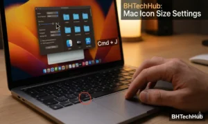 A split-screen comparison of large versus small desktop icons on a Windows PC monitor, with a user's hand scrolling a mouse wheel while pressing the Ctrl key on a keyboard. Text overlay reads 'BHTechHub: Quick Icon Resize Guide'