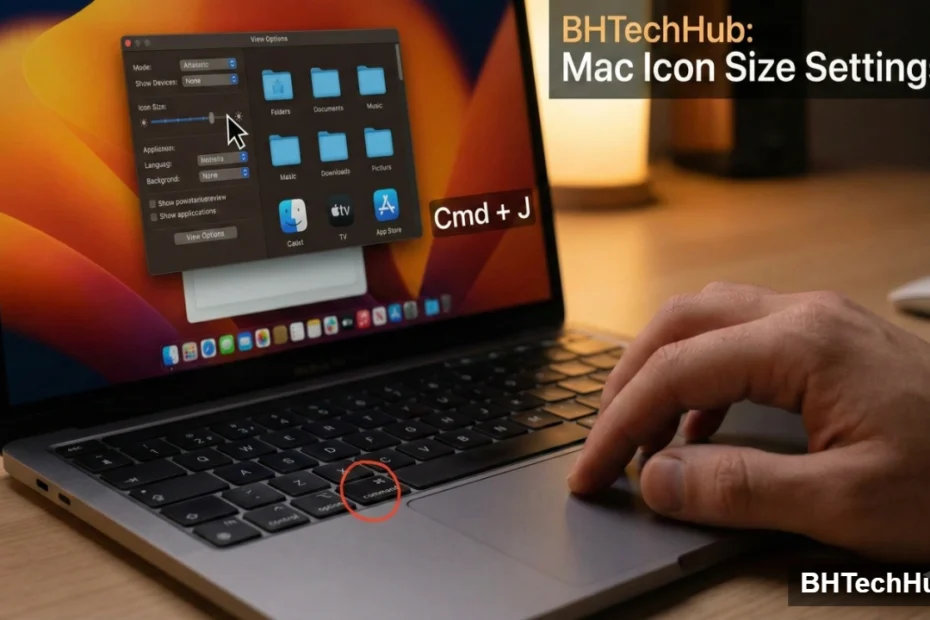 A split-screen comparison of large versus small desktop icons on a Windows PC monitor, with a user's hand scrolling a mouse wheel while pressing the Ctrl key on a keyboard. Text overlay reads 'BHTechHub: Quick Icon Resize Guide'