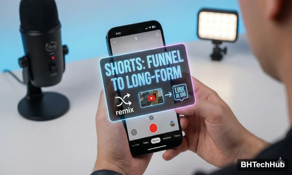 YouTube tips and tricks 2026 growth chart and creator studio laptop setup.