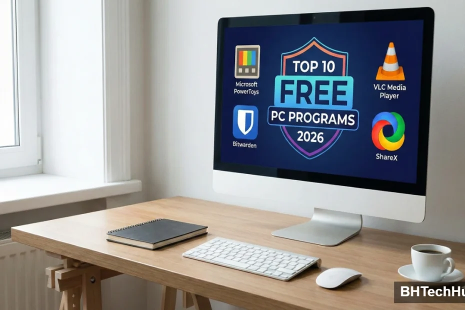 A modern computer desk setup displaying a "Top 10 Free PC Programs 2026" graphic on the monitor, featuring icons for Microsoft PowerToys, Bitwarden, VLC Media Player, and ShareX.