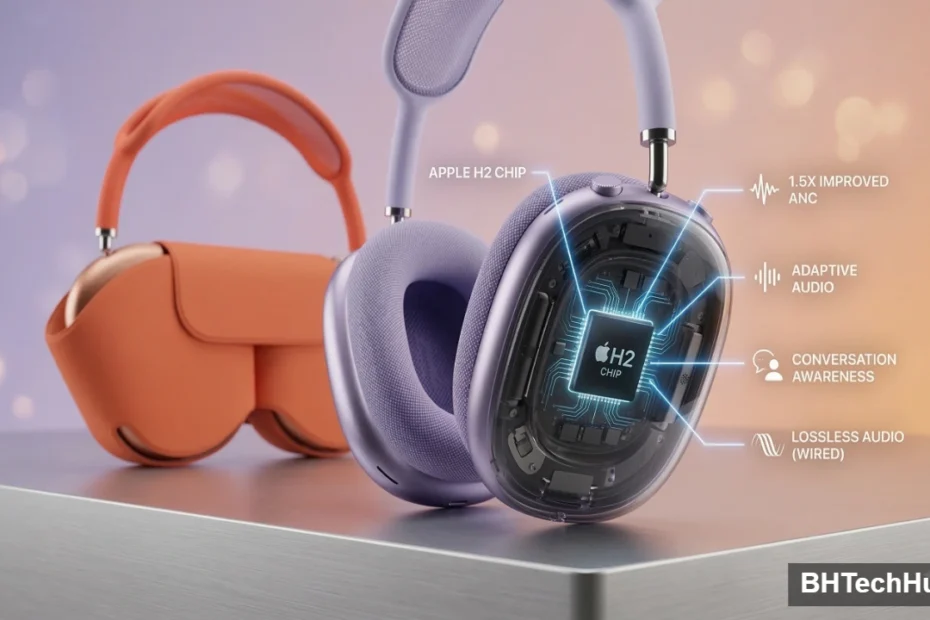 Close-up of the new Apple AirPods Max 2 in purple, highlighting the internal H2 chip technology next to an orange Smart Case.