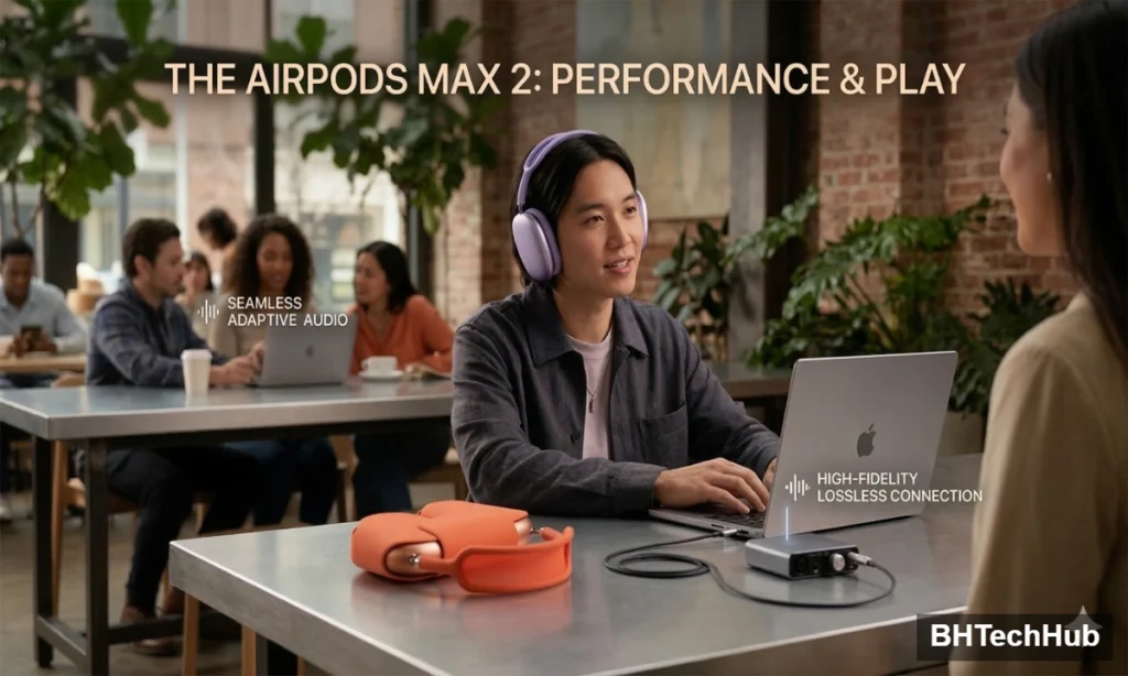 A person wearing purple AirPods Max 2 headphones while working on a laptop in a cafe, demonstrating the lossless audio connection.