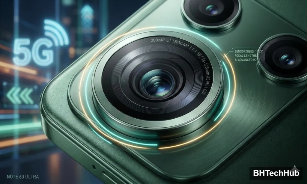 Detailed view of the 200MP camera setup on the new Infinix Note 60 Ultra 5G smartphone, highlighting its premium design and advanced sensor.
