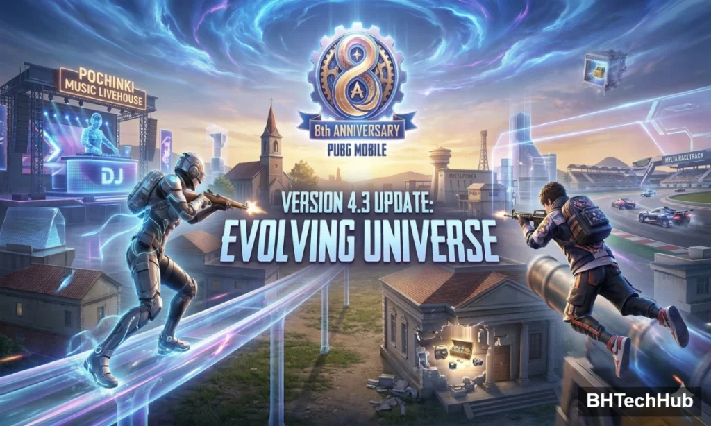 Gemini said
An action-packed promotional poster for PUBG MOBILE's Version 4.3 update, titled "EVOLVING UNIVERSE." The scene is set in a dynamic landscape blending classic Erangel map elements with futuristic energy and technology, all under a dramatic, swirling purple and blue sky vortex. At the top center is the gold and blue 8th ANNIVERSARY PUBG MOBILE logo. Large text in the center declares, "VERSION 4.3 UPDATE: EVOLVING UNIVERSE."