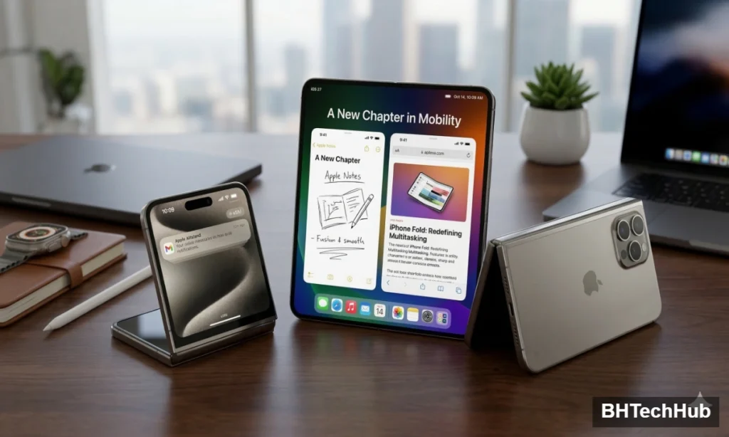 A 3D conceptual render of a disassembled Apple foldable iPhone showing its internal hinge, battery cells, and layered flexible display on a lab desk.