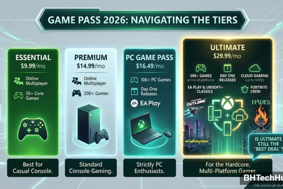 nfographic comparing Xbox Game Pass 2026 subscription tiers including Game Pass Essential, Premium, PC Game Pass, and the Game Pass Ultimate price, highlighting features like online multiplayer, Day One Game Pass games, and Xbox Cloud Gaming.