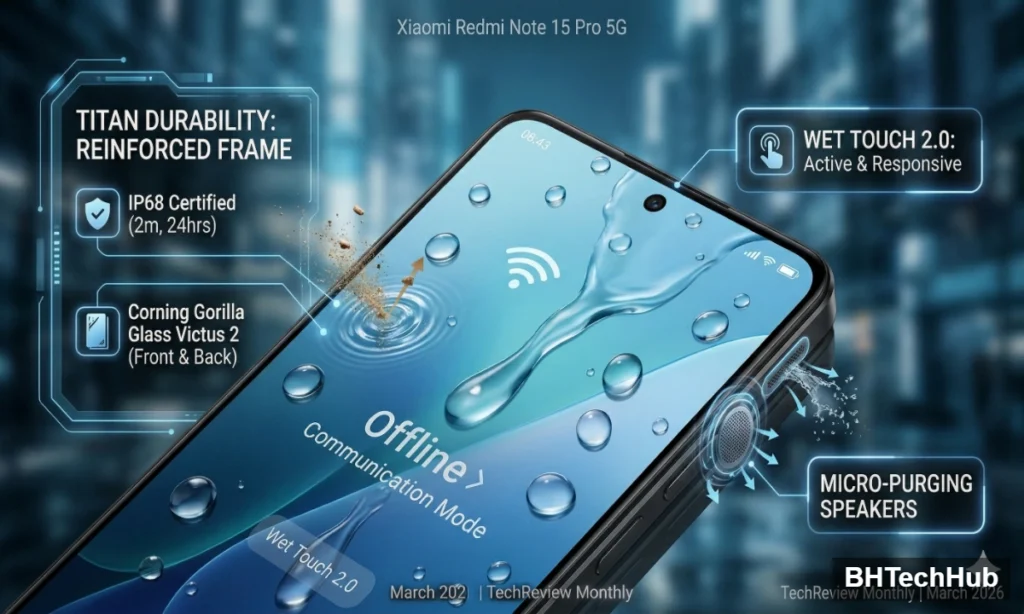 Xiaomi Redmi Note 15 Pro Review: The Mid-Range Throne, Decisively Reclaimed 1 Close-up of the Xiaomi Redmi Note 15 Pro screen covered in water droplets to demonstrate its IP68 water resistance, Wet Touch 2.0 technology, and Offline Communication mode.