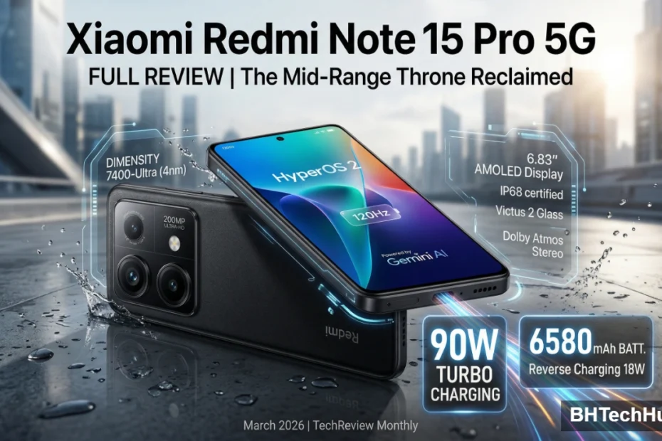 Xiaomi Redmi Note 15 Pro 5G smartphone displaying its sleek black design, 200MP rear camera module, and highlighting key specs like 90W turbo charging and a 6580mAh battery.