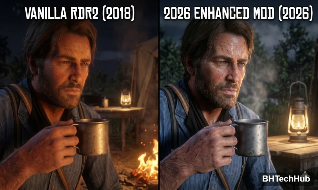 Graphics comparison showing modded Red Dead Redemption 2 in 2026